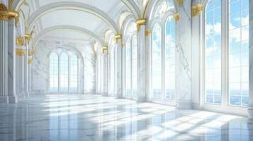 The elegant hall boasts stunning marble flooring, ornate columns with intricate designs, and golden embellishments, all illuminated by large windows surrounding the splendid space photo