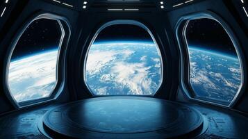 Imagine a stunning futuristic space station with panoramic windows offering breathtaking views of Earth, perfect for themes of space exploration and adventure, igniting the imagination photo