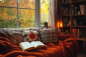 A serene and tranquil indoor scene showcasing a cozy plush couch elegantly draped with a soft blanket, an inviting open book, and the warm and vibrant colors of autumn visible outside the window photo