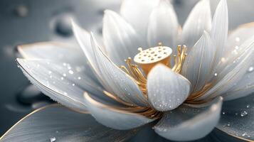 This breathtaking closeup image of a beautiful lotus flower, adorned with sparkling, delicate dew drops, truly captures its natural beauty against a serene backdrop, making it an enchanting vision photo
