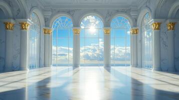 Envision a magnificent classical hall adorned with stunning marble columns and exquisite golden accents, presenting breathtaking and panoramic mountain views through its expansive and large windows photo