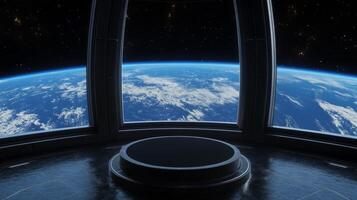 The innovative design of a futuristic space station offers stunning views of Earth from various observation windows, making it ideal for thrilling space exploration and captivating scifi themes photo