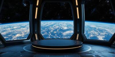 The interior of a modern space station provides stunning views of Earth, making it perfect for scifi themes and inspiring futuristic presentations that ignite imagination and creativity photo