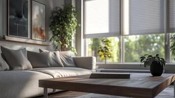 This stylish living space features modern motorized roller blinds, vibrant greenery, and highend furnishings, creating a serene environment that promotes relaxation and comfort for all photo