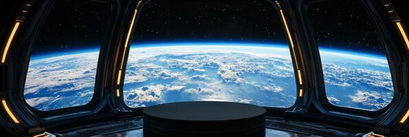 A stunning futuristic space station, designed with innovative architecture, captures a mesmerizing view of Earth, ideal for scifi themes, inviting dreamers of adventure to explore new frontiers photo