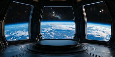 A stunning view from a space station featuring large windows showcasing Earth, perfect for scifi themes and space exploration presentations photo