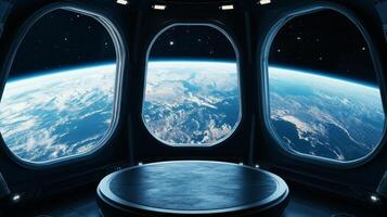 A futuristic space station offers a stunning view of Earth, making it perfect for captivating scifi themes and thrilling presentations on the wonders of space exploration and discovery photo