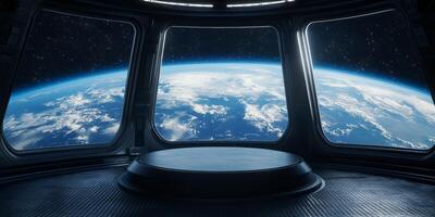 A breathtaking view from a futuristic space station showcases vibrant Earth against the vastness of space, inviting viewers to imagine limitless possibilities beyond our atmosphere photo