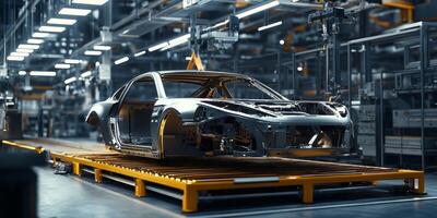 A modern car assembly line utilizes advanced processes, machinery, and robotics to improve efficiency, precision, logistics, reliability, and production capabilities of chassis manufacturing photo