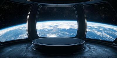 Imagine a breathtaking view from a futuristic space station with a large panoramic window to Earththis is perfect for inspiring thrilling scifi tales and adventurous space exploration themes photo