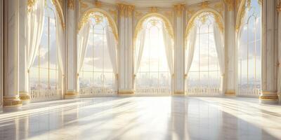 This elegantly designed interior features stunning marble columns and intricate gold designs, brilliantly illuminated by natural light from large windows, creating a luxurious atmosphere photo