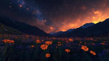 On a starlit night, a brilliant sky lights up a colorful meadow, teeming with life, all framed by majestic mountains, showcasing natures beauty during the enchanting evening hours photo