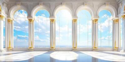 The magnificent marble hall features grand columns with gold accents, offering breathtaking views of a blue sky while integrating classical and modern design elements harmoniously photo