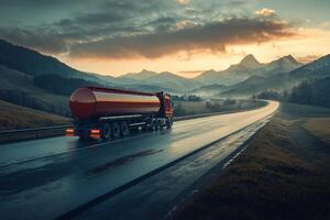 A fuel truck on a scenic highway emphasizes the need for safe, efficient transportation, addressing environmental challenges while balancing energy demands and sustainability for future generations photo