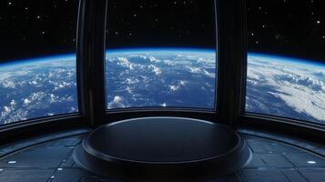 A stunning futuristic space station, designed for innovation and minimalism, provides an unparalleled view of Earth, capturing the extraordinary themes of scifi and space exploration photo