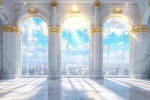 This stunning interior of exquisite marble features towering columns with golden accents. Expansive windows let in natural light, creating a luxurious and elegant atmosphere that captivates all photo