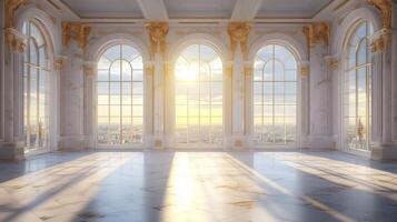 A luxurious marble hall with grand columns and golden details, featuring large windows that provide breathtaking panoramic views, exemplifying classical elegance and unmatched luxury photo
