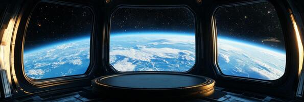 A sophisticated futuristic space station provides a stunning view of Earth, embodying captivating scifi themes and the thrilling experiences of deep space exploration and the universes mysteries photo