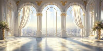 Step into the experience of an elegant baroque hall, adorned with majestic marble columns, intricate ornate details, and breathtaking views. It is the perfect setting for a truly luxurious stay photo
