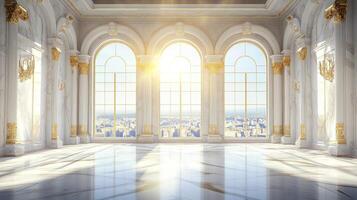 The interior boasts marble columns, elegant arches, intricate patterns, and golden accents, all illuminated by natural light, creating a rich, luxurious atmosphere that captivates the senses photo