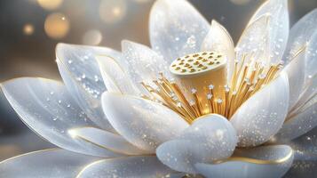 A breathtaking closeup photograph captures the serene beauty of a pristine white lotus flower, intricately adorned with shimmering dew drops that reflect the magnificence of nature and its purity photo