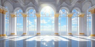 A beautifully designed classical hall with grand marble columns and a bright, airy ambiance. Golden sunlight streams through large windows, creating an elegant, inviting atmosphere photo