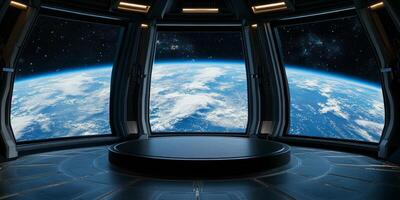 A breathtaking and visually striking futuristic space station that offers panoramic views of Earth, seamlessly combining scifi aesthetics with cuttingedge technology designed for space exploration photo