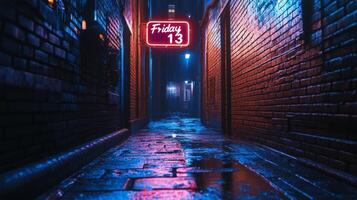 A dark and atmospheric alleyway, dimly illuminated by a glowing neon sign featuring the iconic Friday the 13th logo, evokes a profound sense of mystery and superstition in an urban setting photo