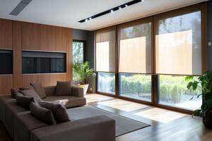 A beautifully styled living room incorporates motorized roller blinds, rich wood textures, and elegant furnishings, all meticulously designed to provide both luxury and comfort for its inhabitants photo