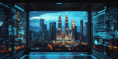 A vibrant and illuminated cityscape that showcases advanced technology and dynamic movement within a cyberinspired urban environment rich in detail and energy that stimulates the imagination photo