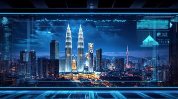 A stunning, vibrant city skyline, powerfully illuminated at night, showcases advanced technology while highlighting the dynamic energy flow of the urban landscape and its bustling life photo