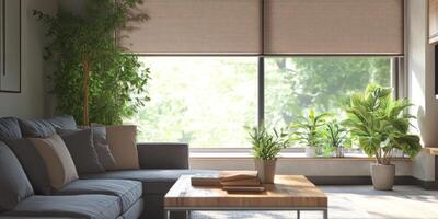This stylish living room features sleek roller blinds, vibrant indoor plants, and a cozy sofa, creating the perfect atmosphere for relaxation in a modern contemporary home youll love photo