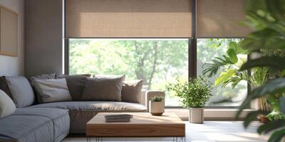 This modern apartment features advanced motorized roller blinds for convenience, abundant natural light, and plenty of comfortable seating, creating a stylish and inviting living space photo