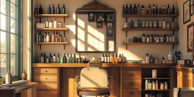 A charming, rustic barber shop brimming with vintage haircare tools, creating a warm and inviting atmosphere perfect for grooming, styling, and offering a relaxing experience to all clients photo