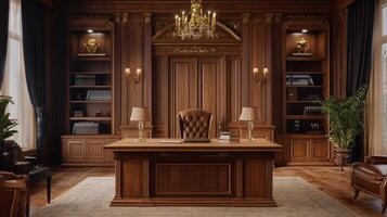 This sophisticated home office features a large wooden desk for ample workspace, complemented by elegant furnishings that create a luxurious ambiance, embodying professional authority photo