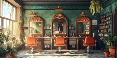 This charming beauty salon boasts vintage styling chairs, elegant mirrors, and an abundance of lush plants, all contributing to a serene and calming hair care experience for every client who visits photo