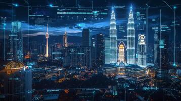 In a lively nighttime cityscape, futuristic design and advanced technology create a dynamic atmosphere full of energy, connectivity, and a sense of wonder and excitement in every corner photo