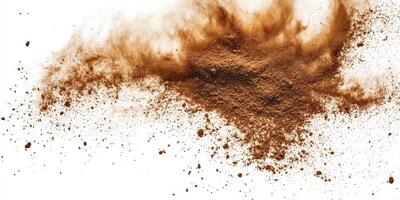 An abstract and dynamic display showcasing a mesmerizing brown dust explosion, capturing the intricate essence of swirling sand clouds and earthy particles gracefully in motion throughout the scene photo
