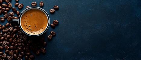 A captivating image showcases a steaming cup of rich espresso surrounded by flavorful coffee beans, symbolizing the allure of coffee culture for dedicated enthusiasts and connoisseurs photo