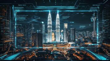 Imagine a vibrant city skyline with the illuminated Petronas Towers, showcasing dynamic energy flows and a complex technology network throughout the urban landscape, creating a breathtaking view photo