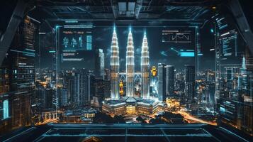 In a vibrant city filled with advanced technology, dynamic visuals create a captivating futuristic atmosphere, inviting people from all walks of life to explore its wonders and innovations photo