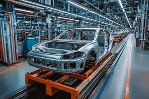 Experience the modern automotive assembly line, showcasing the complex process of car chassis production with advanced technology and automation for maximum manufacturing efficiency photo