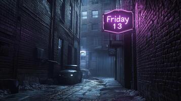 A shadowy urban alleyway, softly illuminated by a vivid neon sign reading Friday 13, brings forth a sense of mystery and superstition that deeply evokes the haunting essence of horror culture photo