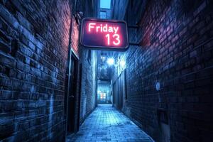 A Friday the 13th neon sign lights up a shadowy alley, creating an eerie atmosphere that captures urban legends and superstitions, making the scene both intriguing and unsettling photo