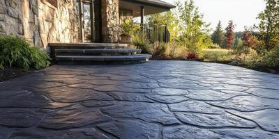 Discover the stunning stamped concrete patio that enhances residential architecture, offering a luxurious exterior and beautiful landscaping that makes it stand out in the neighborhood photo