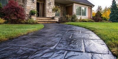 A luxurious stamped concrete patio connects to a beautifully designed home, featuring vibrant autumn colors and quality landscaping that enhance its appeal, creating a warm, inviting atmosphere photo