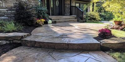 A stunning stamped concrete patio leads guests to a beautiful home, surrounded by lush landscaping in autumn colors, highlighting luxury and modern renovations that enhance the propertys appeal photo