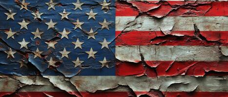 A visually distressed American flag that showcases the effects of time, symbolizing the enduring spirit of the nation as well as its democratic values, which continue to inspire generations photo