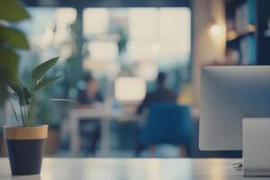 A bright and modern office workspace, thoughtfully designed with sleek corporate furniture, a lush green plant, and a computer, all working together to create an inviting and professional atmosphere photo