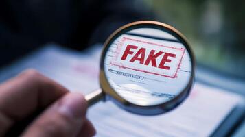 A magnifying glass reveals FAKE on an important document, symbolizing the critical investigation required for effective fraud detection and authenticity verification in different situations photo